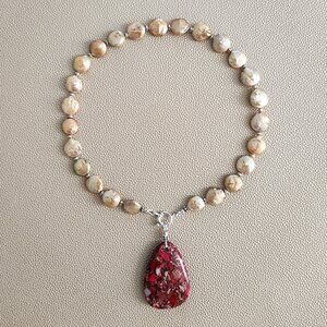 GOLD COIN PEARL NECKLACE W/ RED JASPER DROP--16"